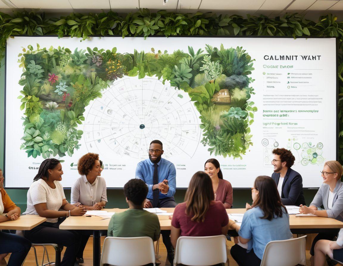 A vibrant community meeting scene featuring diverse individuals collaborating, sharing resources and ideas, set in an open, welcoming environment. Incorporate visual elements like charts, community maps, and hands-on activities to illustrate partnership success. A background of greenery and urban elements to symbolize growth and connectivity. super-realistic. vibrant colors. natural lighting.