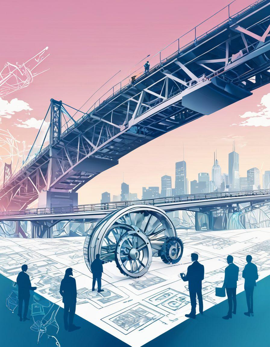 A stylized illustration of a diverse group of professionals, including engineers and creatives, working together on a large, modern bridge that symbolizes collaboration. The background features interconnected gears and digital elements representing technology and innovation, while the foreground shows sketches and blueprints scattered around. The scene evokes a sense of unity and forward-thinking, incorporating soft pastel colors with a futuristic vibe. vector art. vibrant colors. white background.