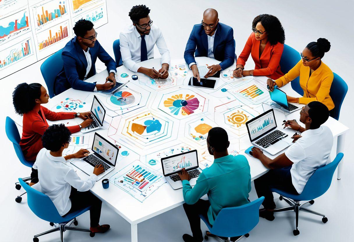 A vibrant illustration of diverse professionals in a dynamic workspace, collaborating on a research project, surrounded by community members engaging in discussions. Include visuals of charts, digital devices, and interconnected paths symbolizing teamwork and innovation. The scene should evoke a sense of energy and unity, showcasing the spirit of collaboration in research. super-realistic. vibrant colors. white background.